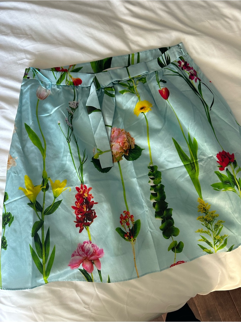 Moschino Light Blue Floral Satin Tie-Waist Skirt